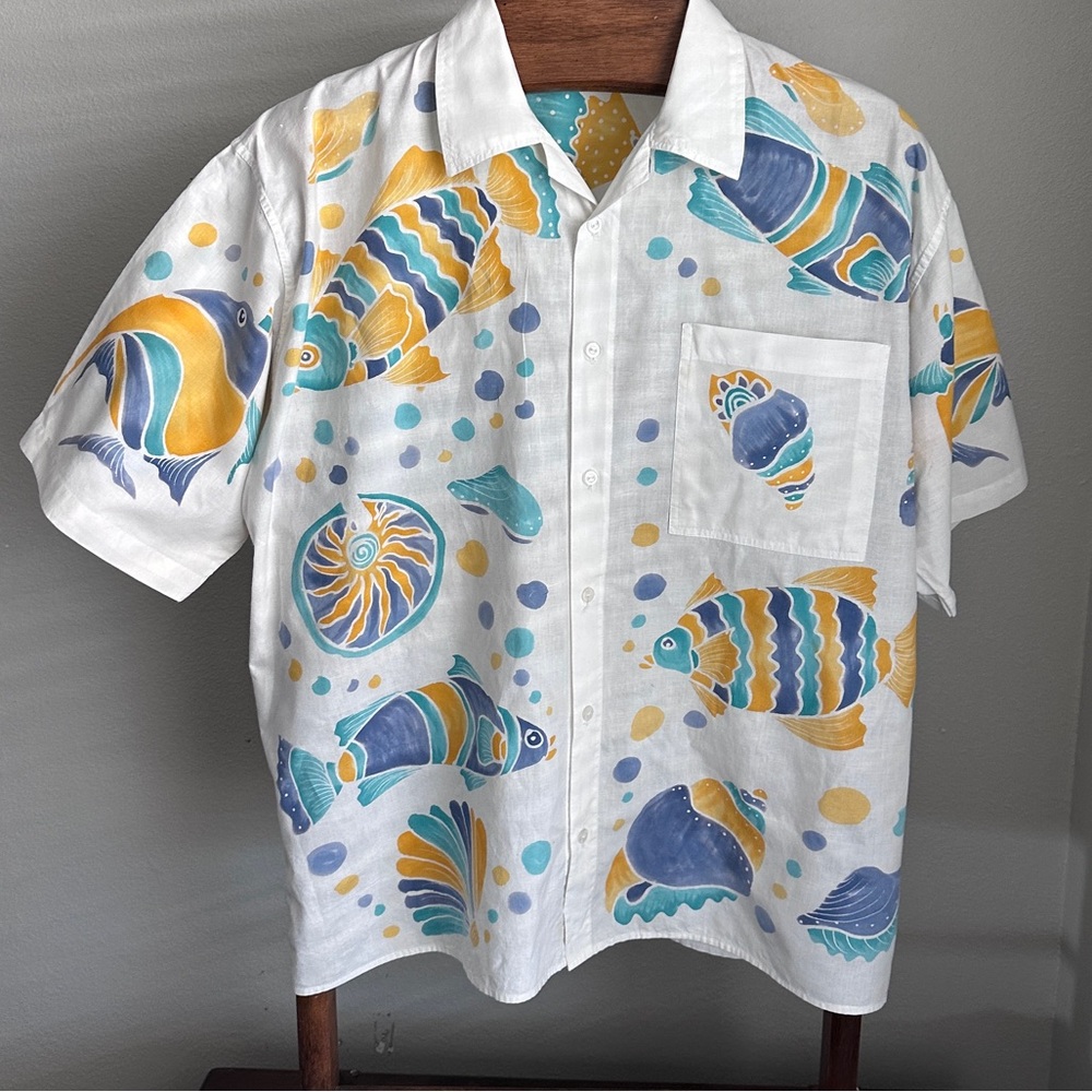 Vintage Men’s Batik Japanese Cotton Shirt XL Fish Print Issey Style Hawaiian